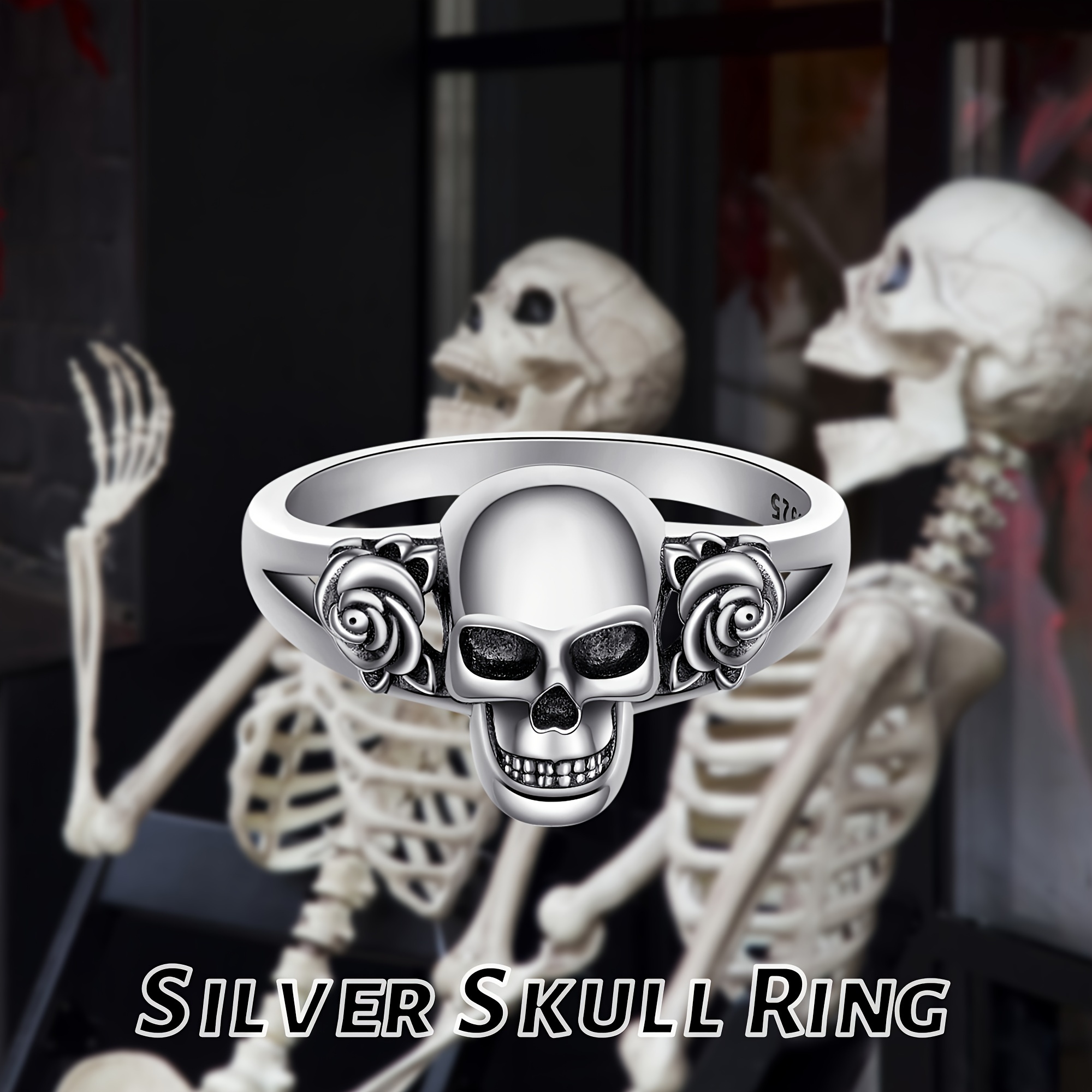 Gothic Skull & Rose Flower Statement Ring Vintage Skeleton Gift Women